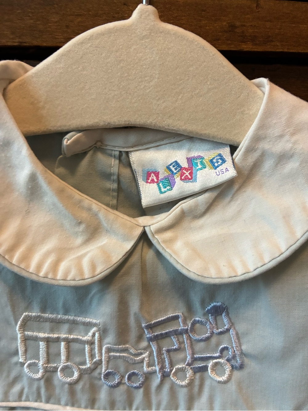 Alexis Light Blue & White Train Embroidered Baby Romper - Picture 2 of 2